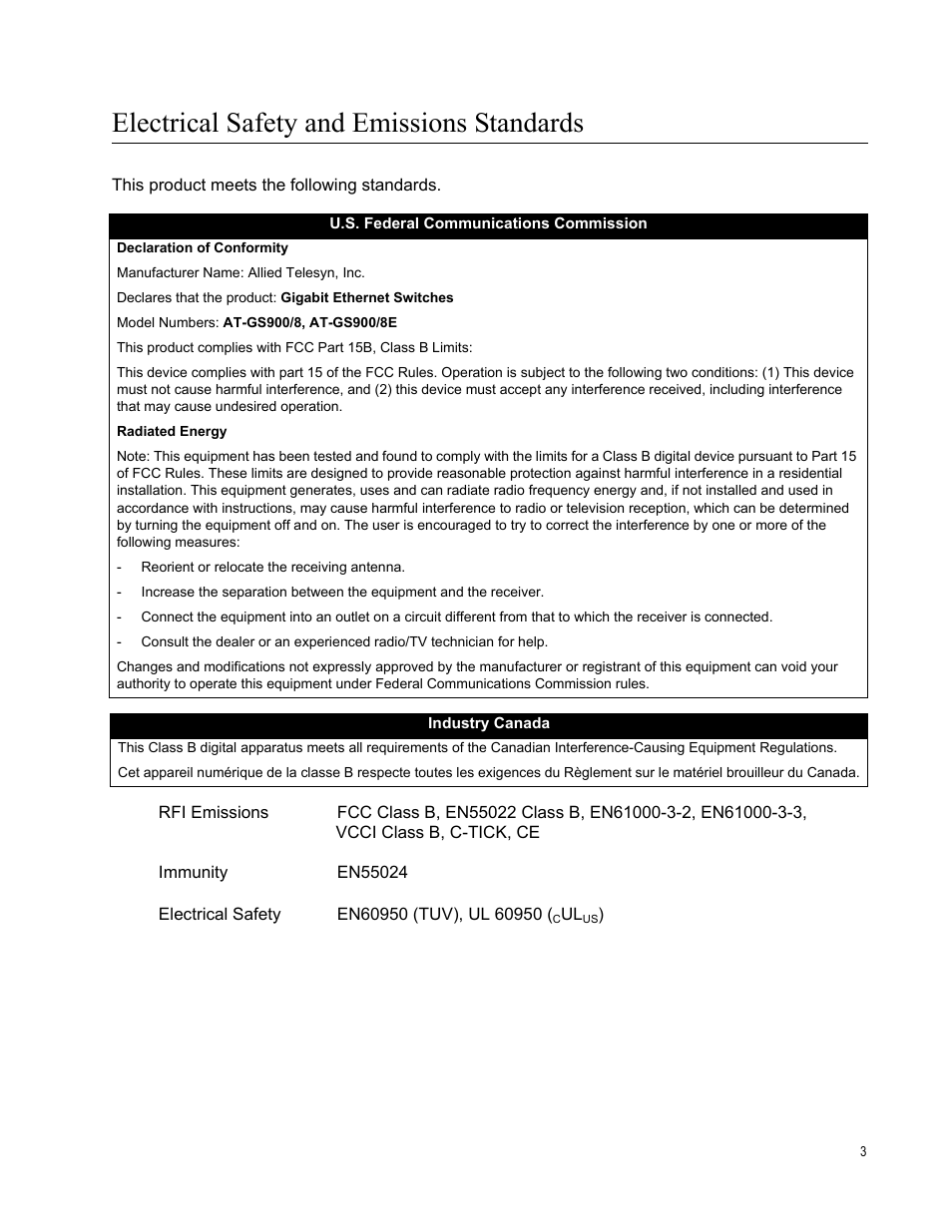 Electrical safety and emissions standards | Allied Telesis AT-GS900/8E User Manual | Page 3 / 76