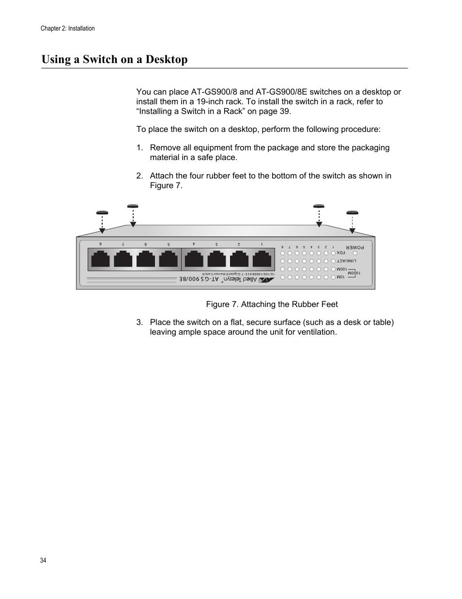 Using a switch on a desktop, Chapter 2: installation 34 | Allied Telesis AT-GS900/8E User Manual | Page 34 / 76