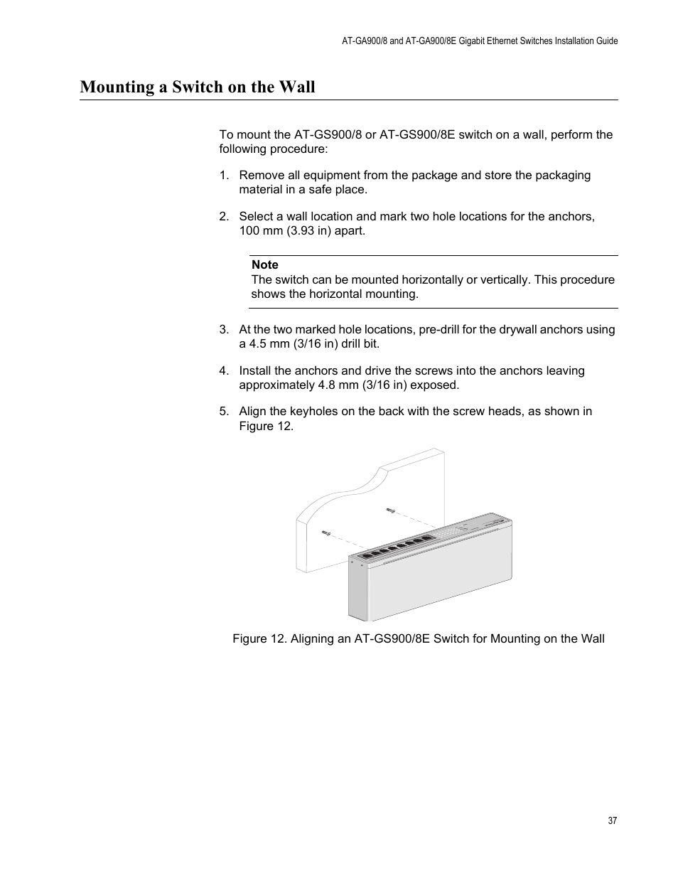 Mounting a switch on the wall | Allied Telesis AT-GS900/8E User Manual | Page 37 / 76