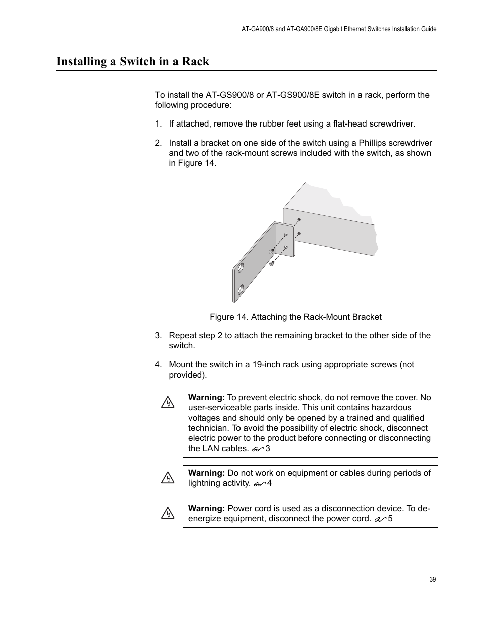 Installing a switch in a rack | Allied Telesis AT-GS900/8E User Manual | Page 39 / 76