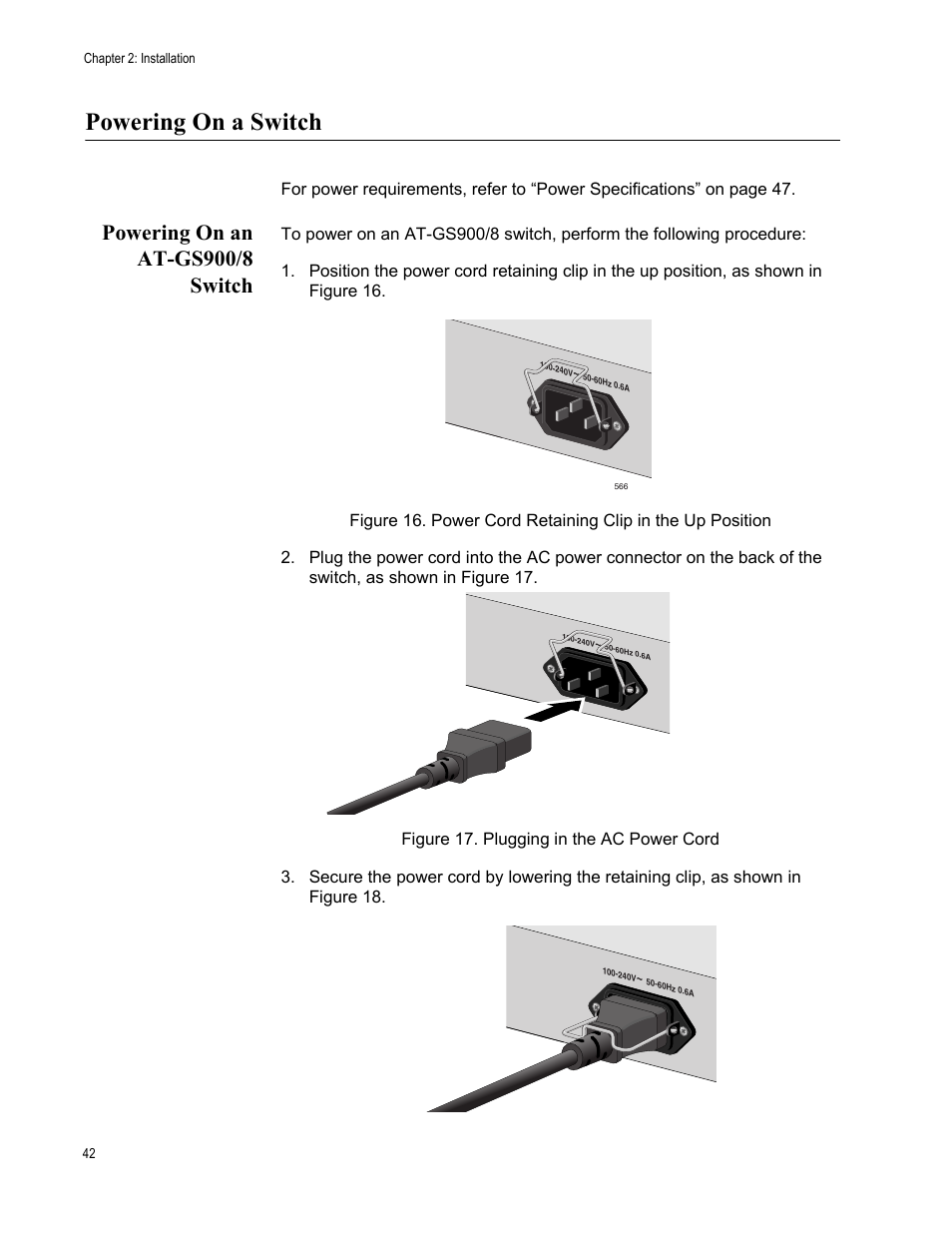 Powering on a switch, Powering on an at-gs900/8 switch | Allied Telesis AT-GS900/8E User Manual | Page 42 / 76