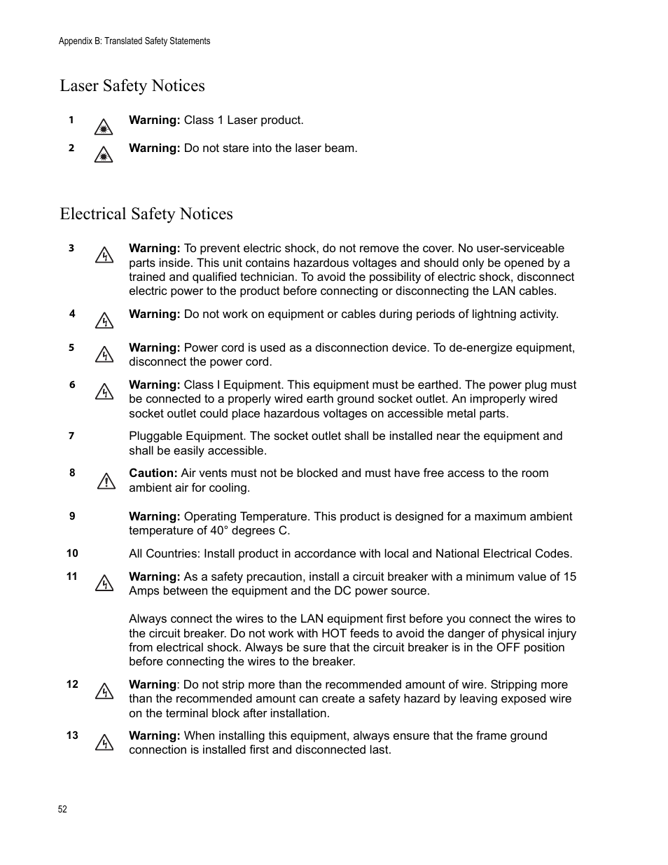 Laser safety notices, Electrical safety notices, Laser safety notices electrical safety notices | Allied Telesis AT-GS900/8E User Manual | Page 52 / 76