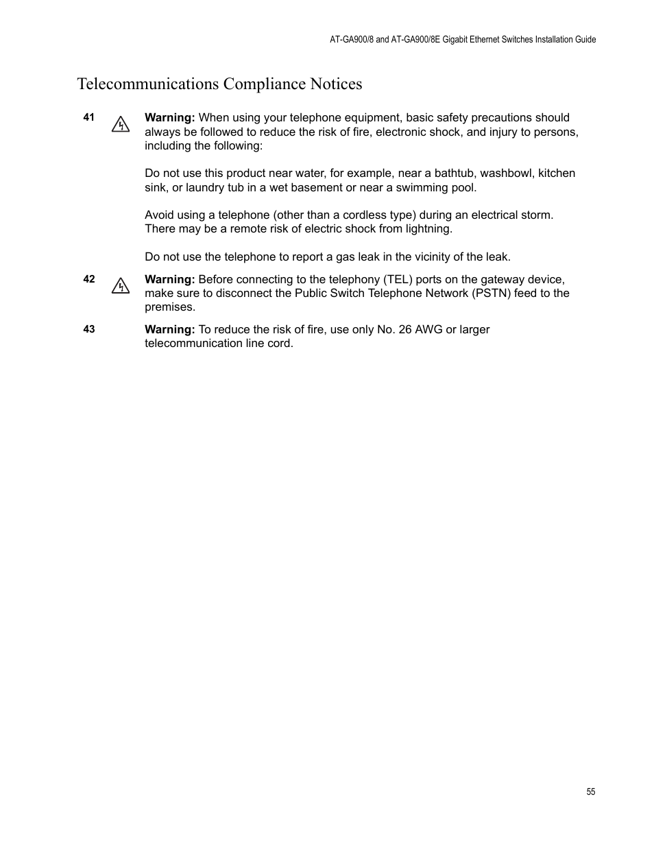 Telecommunications compliance notices | Allied Telesis AT-GS900/8E User Manual | Page 55 / 76