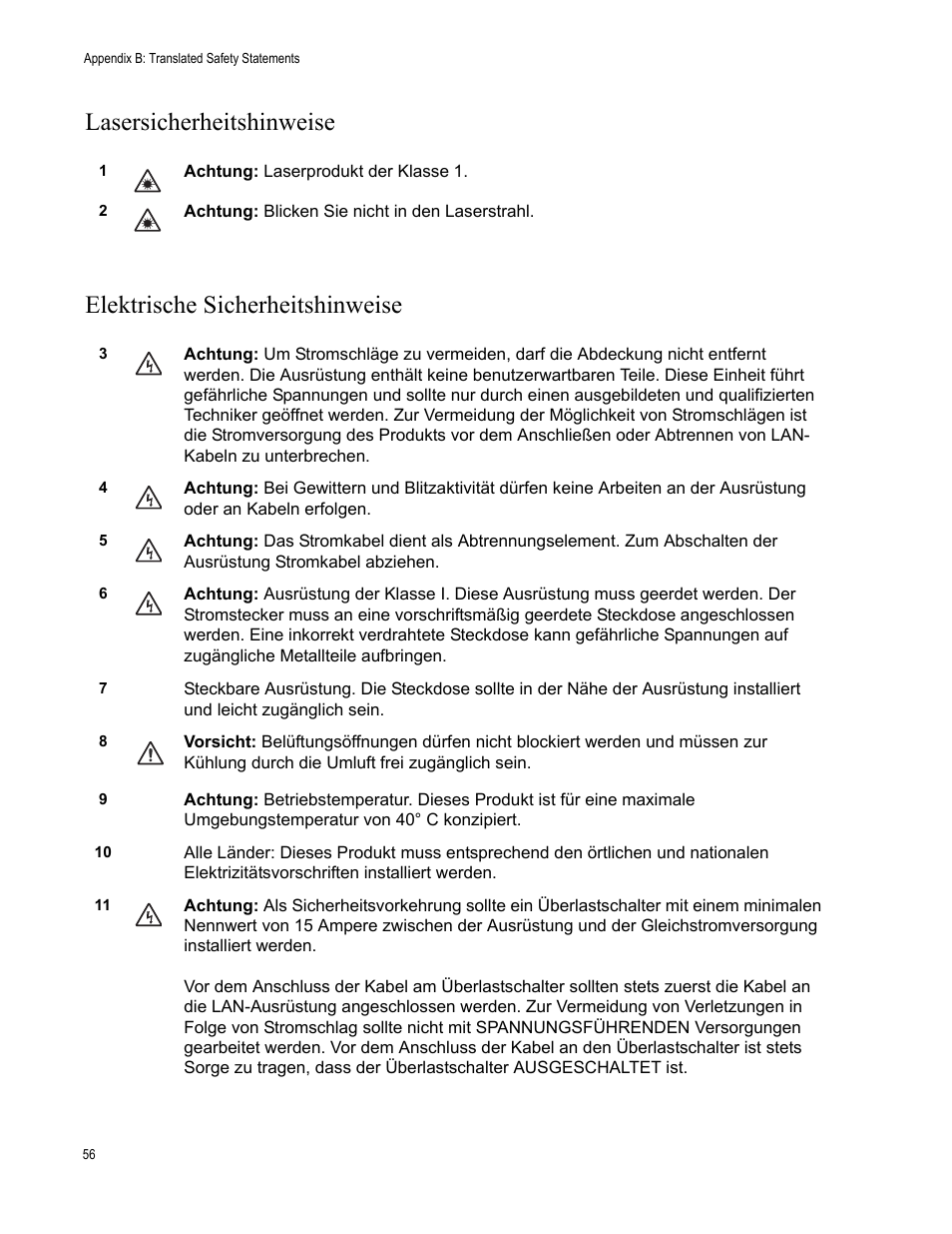 Lasersicherheitshinweise, Elektrische sicherheitshinweise | Allied Telesis AT-GS900/8E User Manual | Page 56 / 76