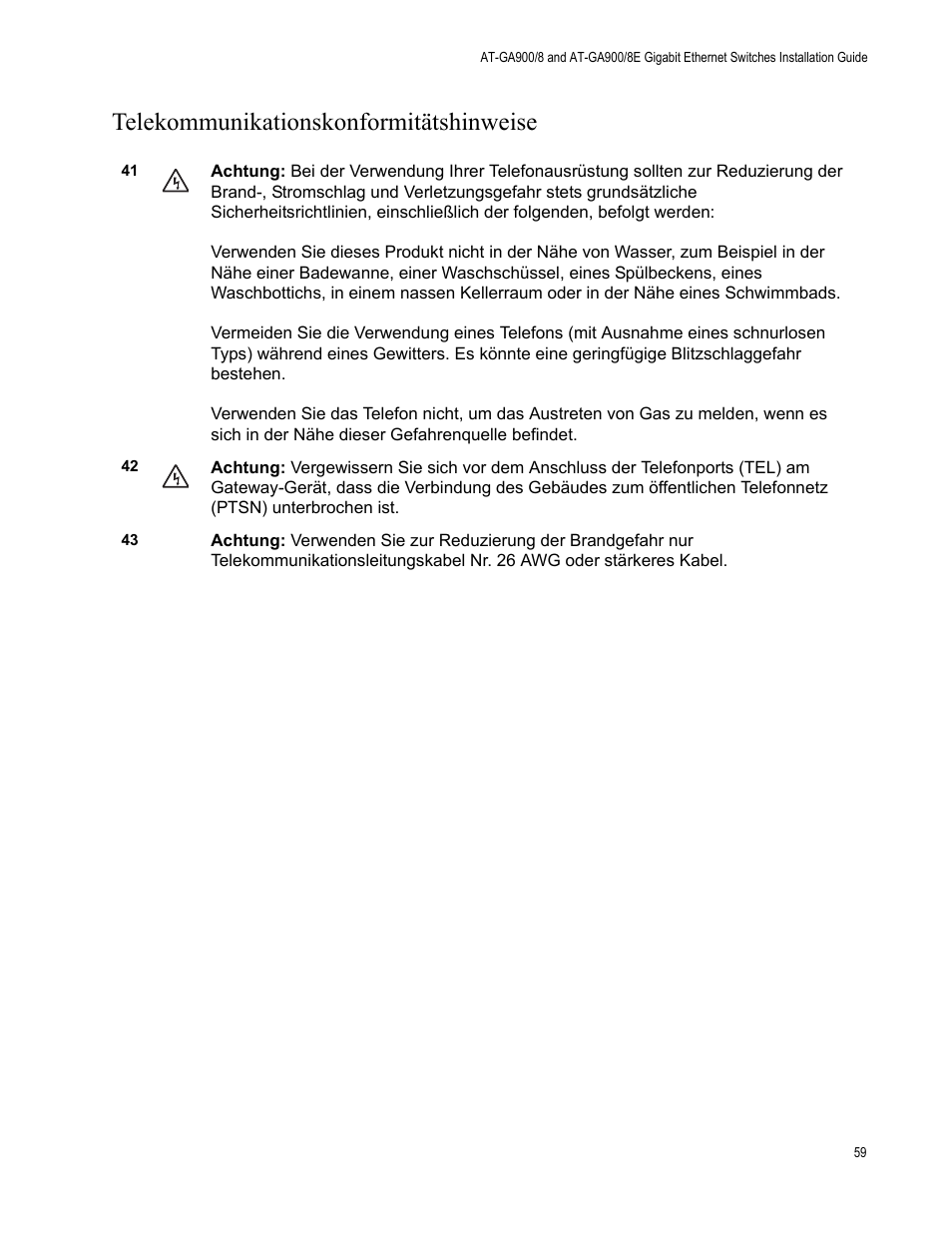 Telekommunikationskonformitätshinweise | Allied Telesis AT-GS900/8E User Manual | Page 59 / 76