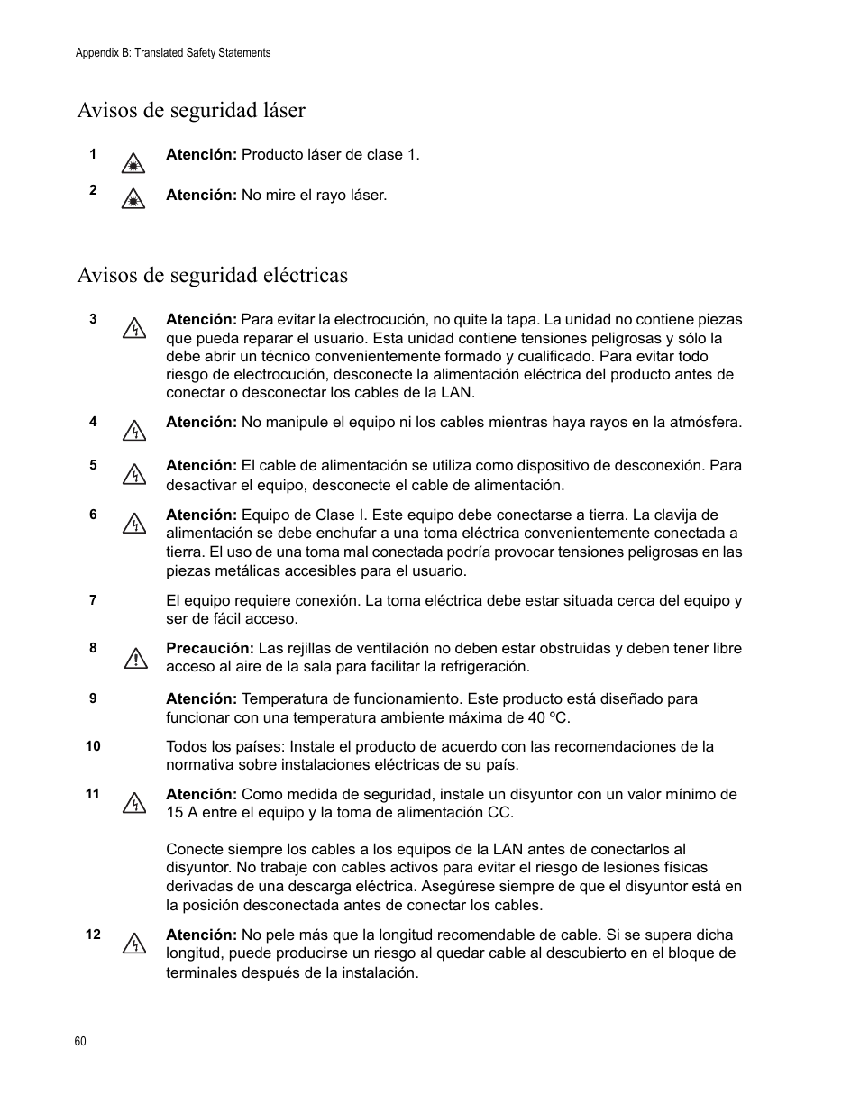 Avisos de seguridad láser, Avisos de seguridad eléctricas | Allied Telesis AT-GS900/8E User Manual | Page 60 / 76