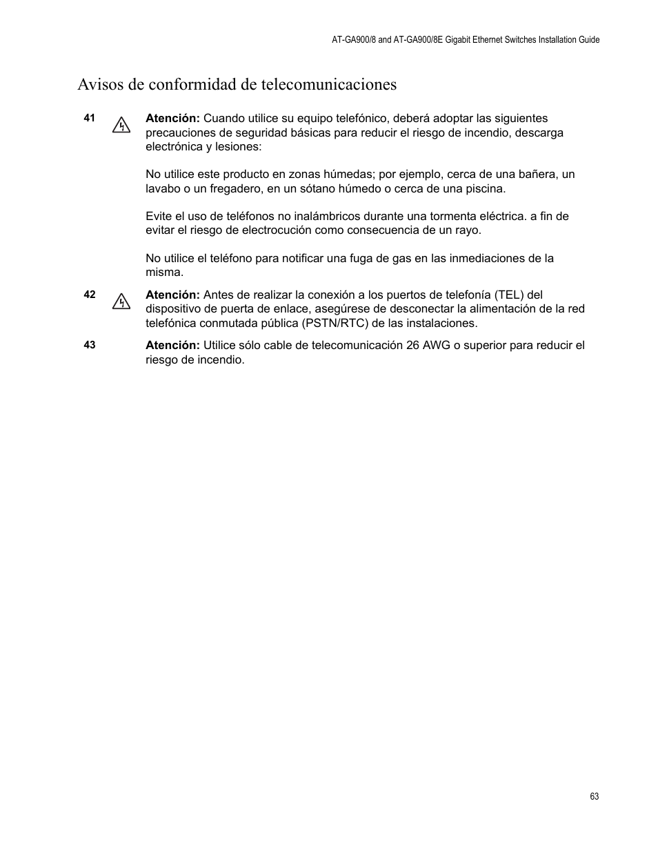 Avisos de conformidad de telecomunicaciones | Allied Telesis AT-GS900/8E User Manual | Page 63 / 76