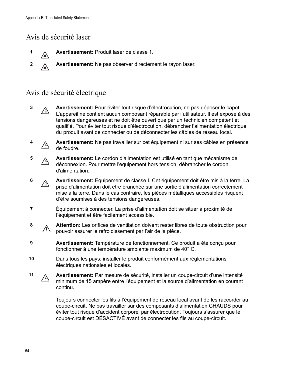 Avis de sécurité laser, Avis de sécurité électrique, Avis de sécurité laser avis de sécurité électrique | Allied Telesis AT-GS900/8E User Manual | Page 64 / 76