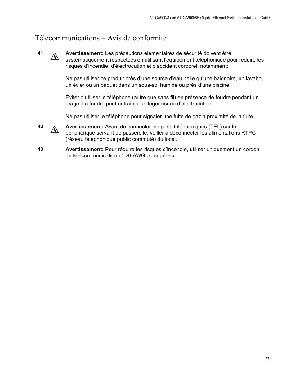 Télécommunications - avis de conformité, Télécommunications – avis de conformité | Allied Telesis AT-GS900/8E User Manual | Page 67 / 76