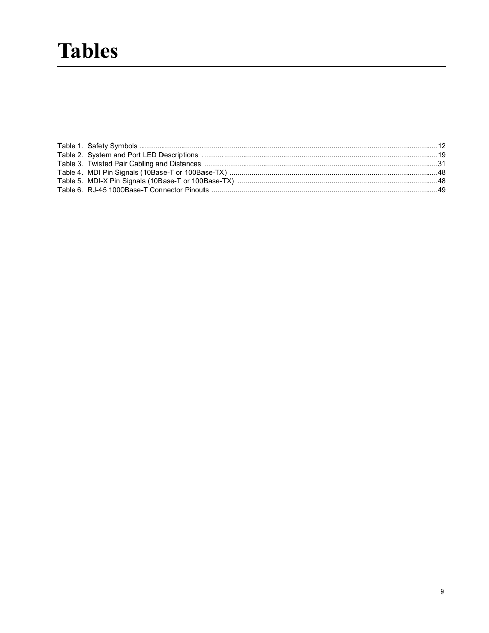 Table 1. safety symbols 12, Table 2. system and port led descriptions 19, Table 3. twisted pair cabling and distances 31 | Table 6. rj-45 1000base-t connector pinouts 49, Tables | Allied Telesis AT-GS900/8E User Manual | Page 9 / 76