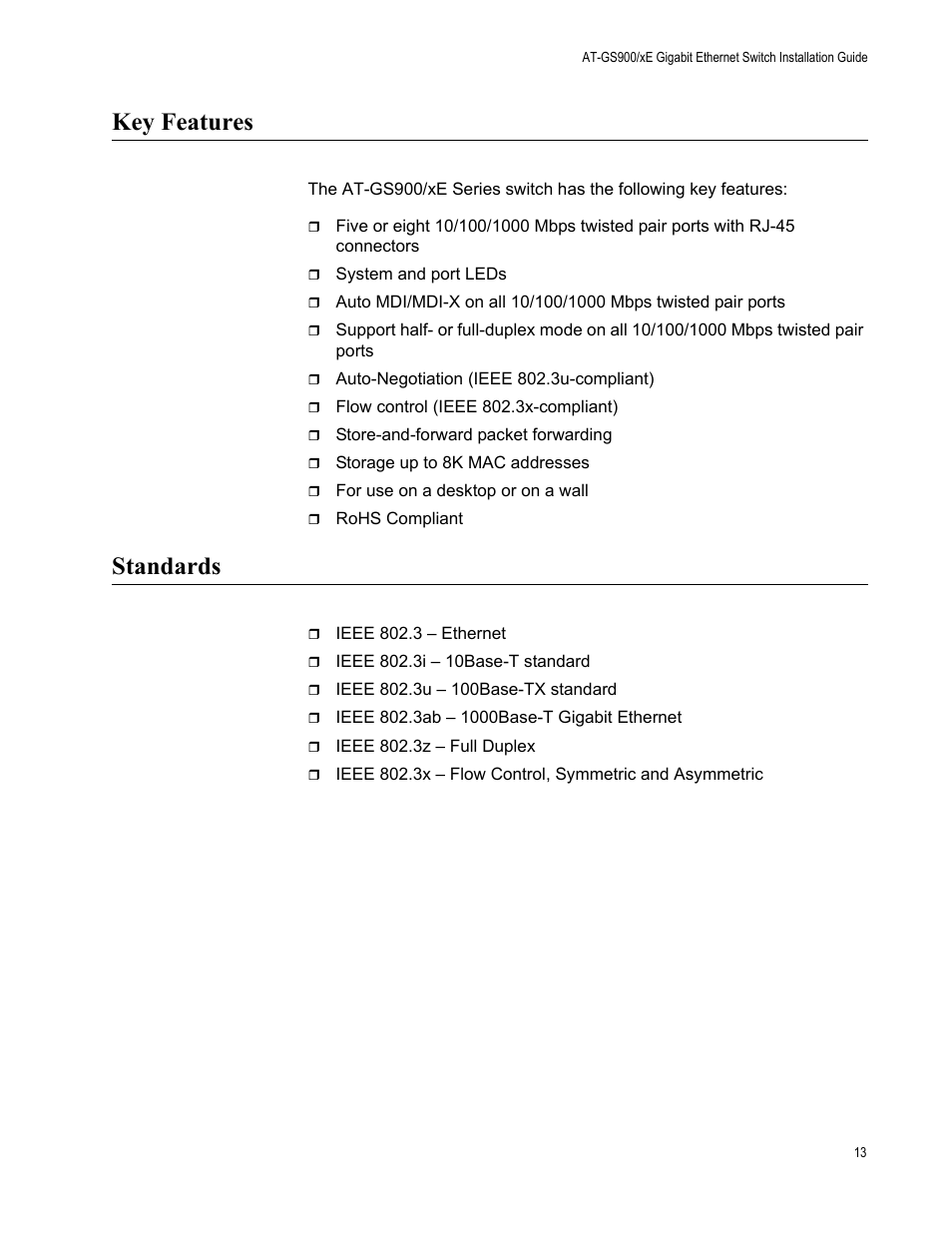 Key features, Standards, Key features standards | Allied Telesis AT-GS900/8E User Manual | Page 13 / 61