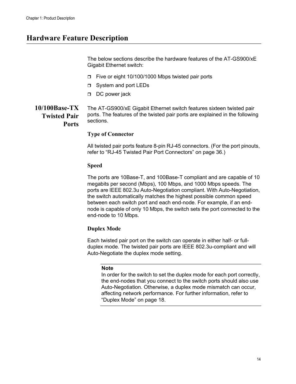 Hardware feature description, 10/100base-tx twisted pair ports | Allied Telesis AT-GS900/8E User Manual | Page 14 / 61