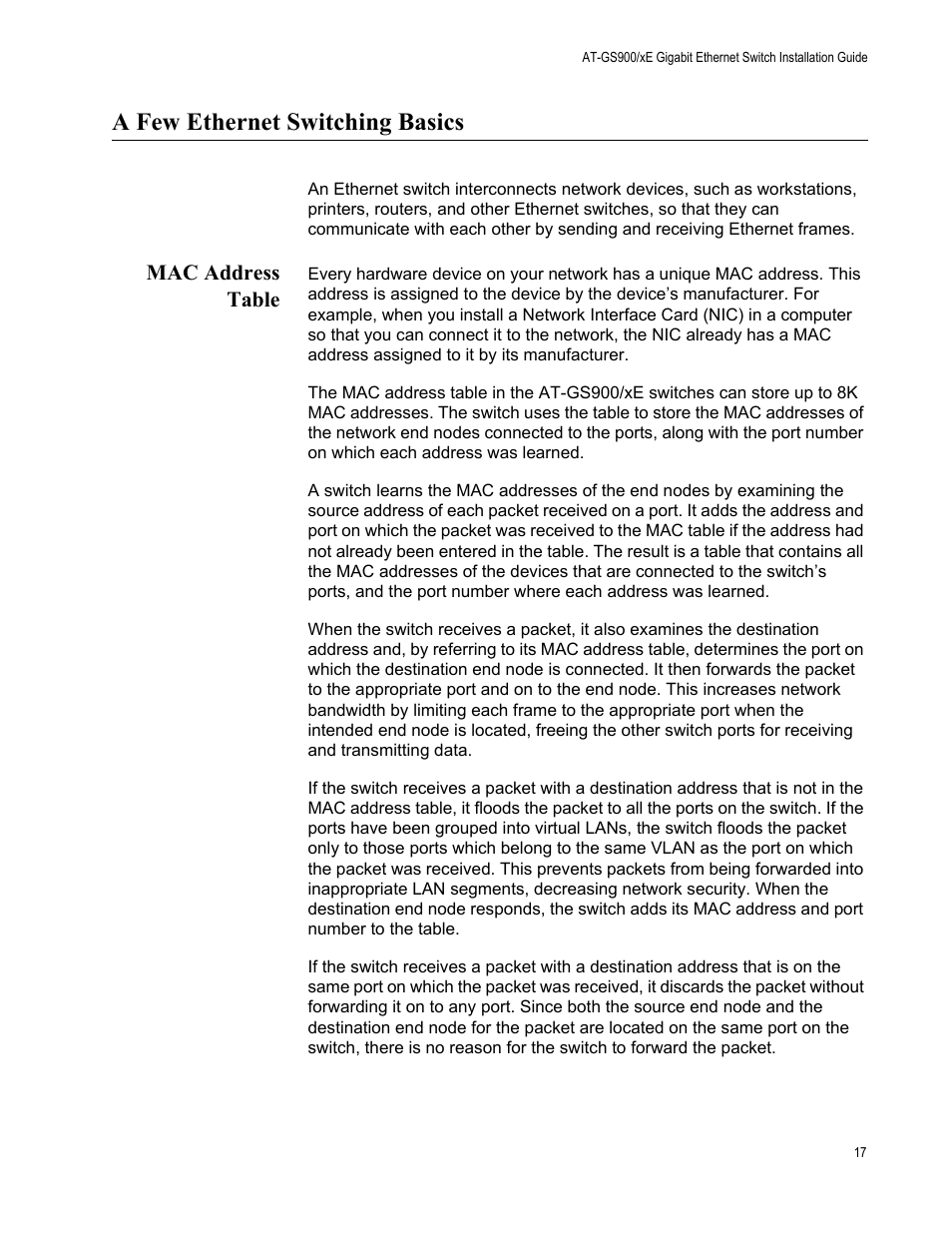 A few ethernet switching basics, Mac address table | Allied Telesis AT-GS900/8E User Manual | Page 17 / 61