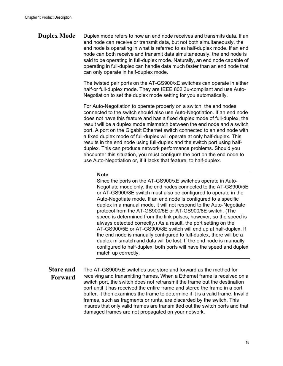 Duplex mode, Store and forward, Duplex mode store and forward | Allied Telesis AT-GS900/8E User Manual | Page 18 / 61