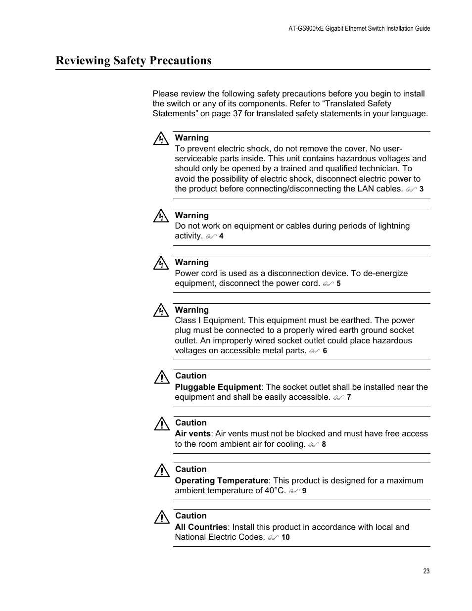 Reviewing safety precautions | Allied Telesis AT-GS900/8E User Manual | Page 23 / 61