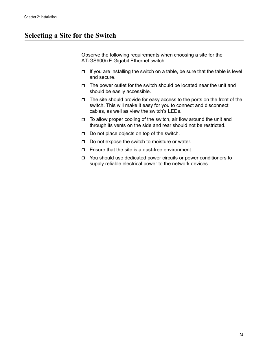 Selecting a site for the switch | Allied Telesis AT-GS900/8E User Manual | Page 24 / 61