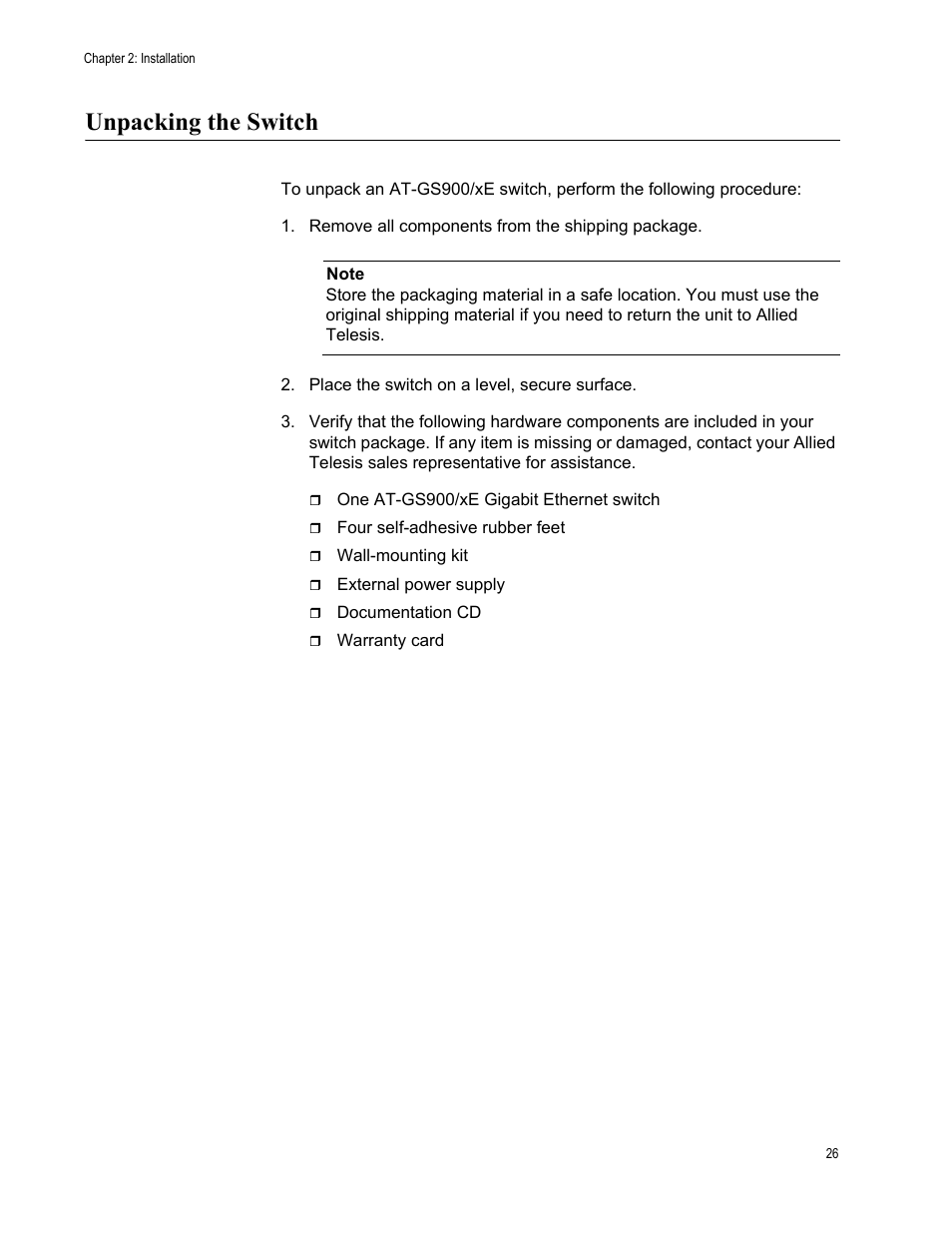 Unpacking the switch | Allied Telesis AT-GS900/8E User Manual | Page 26 / 61