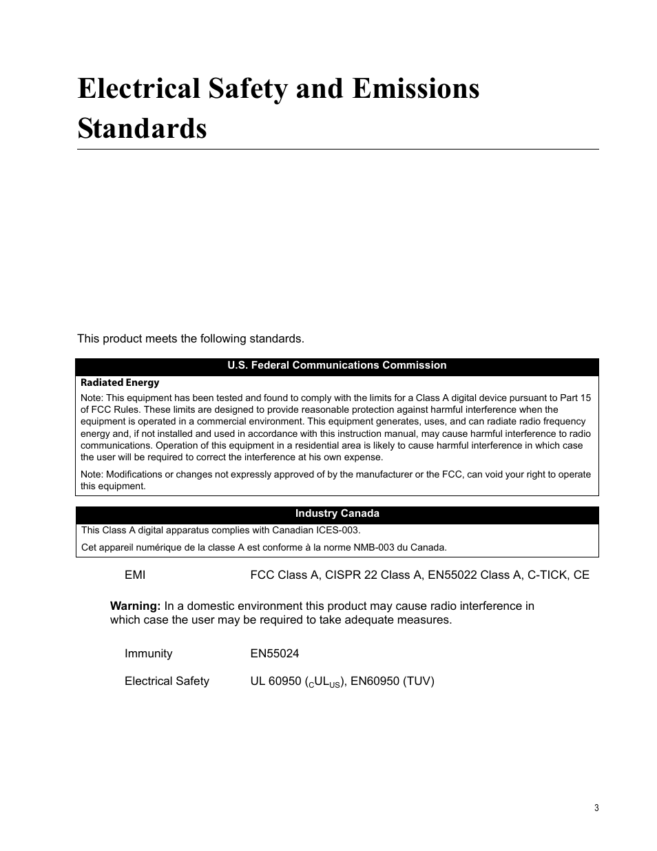 Electrical safety and emissions standards | Allied Telesis AT-GS900/8E User Manual | Page 3 / 61