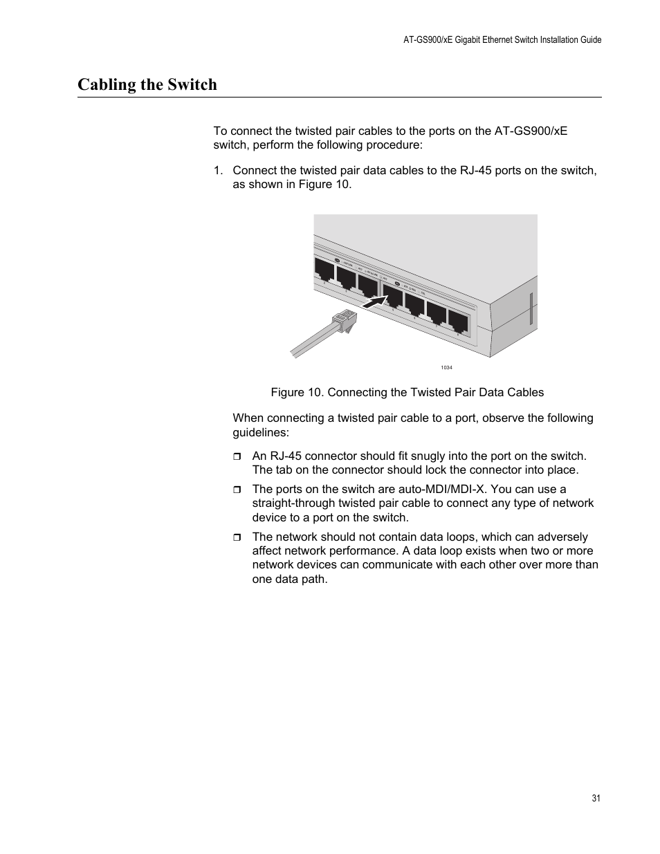 Cabling the switch | Allied Telesis AT-GS900/8E User Manual | Page 31 / 61