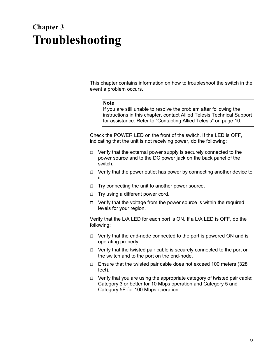 Chapter 3, Troubleshooting | Allied Telesis AT-GS900/8E User Manual | Page 33 / 61