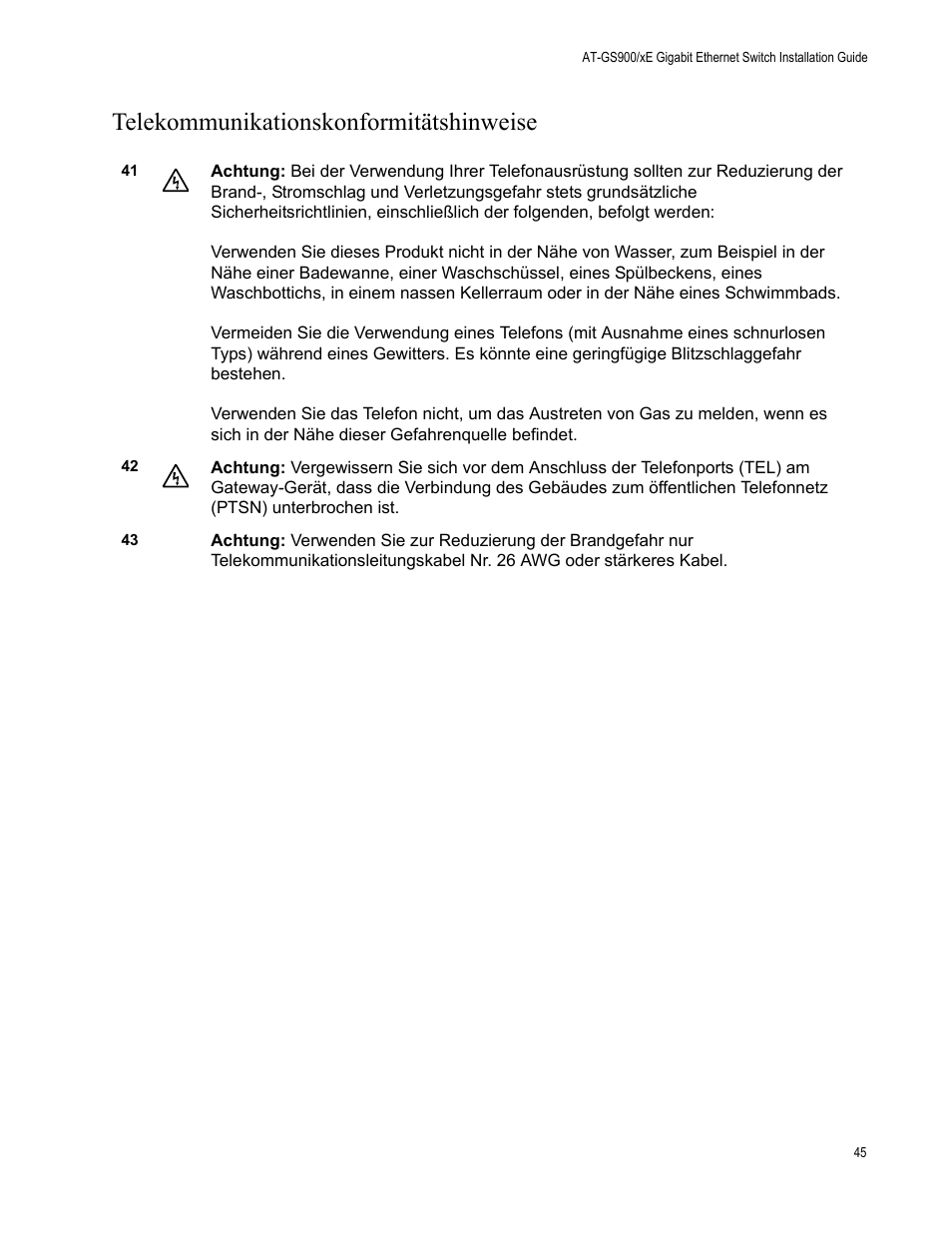 Telekommunikationskonformitätshinweise | Allied Telesis AT-GS900/8E User Manual | Page 45 / 61