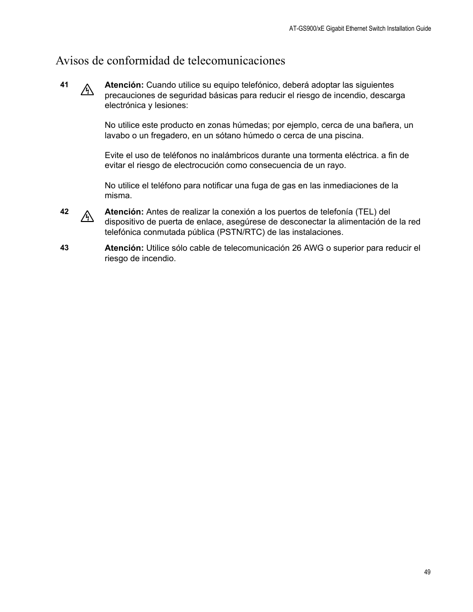 Avisos de conformidad de telecomunicaciones | Allied Telesis AT-GS900/8E User Manual | Page 49 / 61