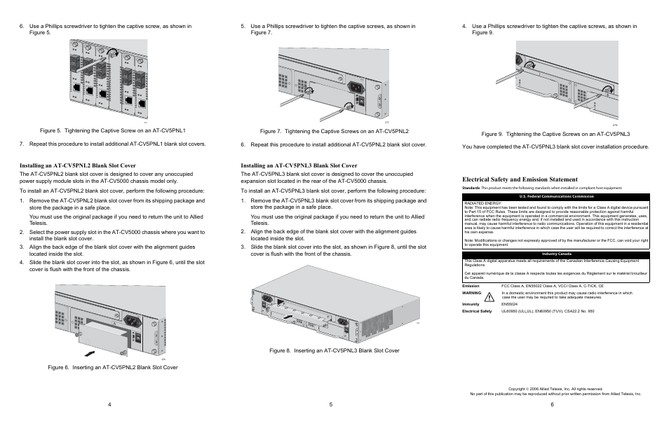 Electrical safety and emission statement, Installing an at-cv5pnl2 blank slot cover, Installing an at-cv5pnl3 blank slot cover | 240v ac | Allied Telesis AT-CV5PNLx Series Blank Slot Covers User Manual | Page 2 / 2