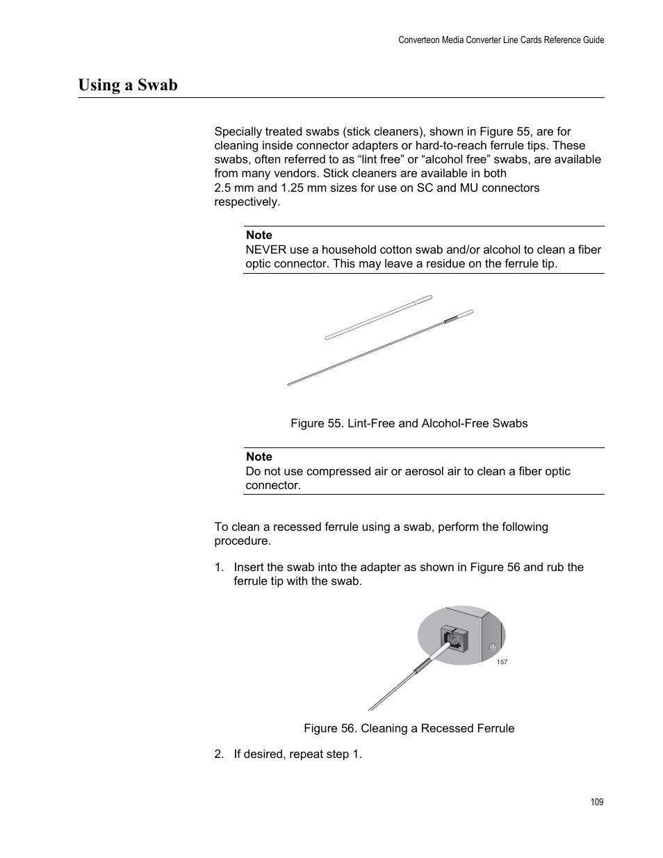 Using a swab, Figure 55. lint-free and alcohol-free swabs, Cleaning a recessed ferrule | Allied Telesis AT-CM70S User Manual | Page 109 / 136
