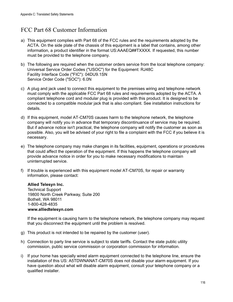 Fcc part 68 customer information | Allied Telesis AT-CM70S User Manual | Page 116 / 136