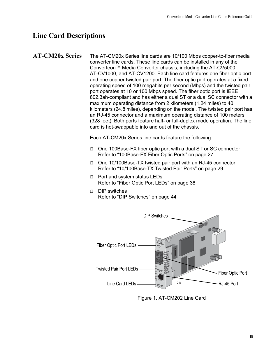 Line card descriptions, At-cm20x series, Figure 1. at-cm202 line card | Allied Telesis AT-CM70S User Manual | Page 19 / 136