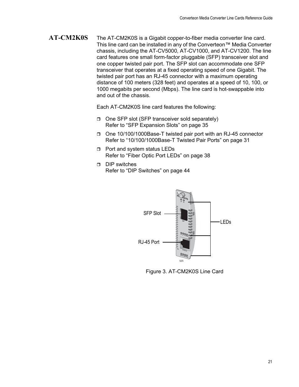 At-cm2k0s, Figure 3. at-cm2k0s line card, Sfp slot rj-45 port leds | Allied Telesis AT-CM70S User Manual | Page 21 / 136