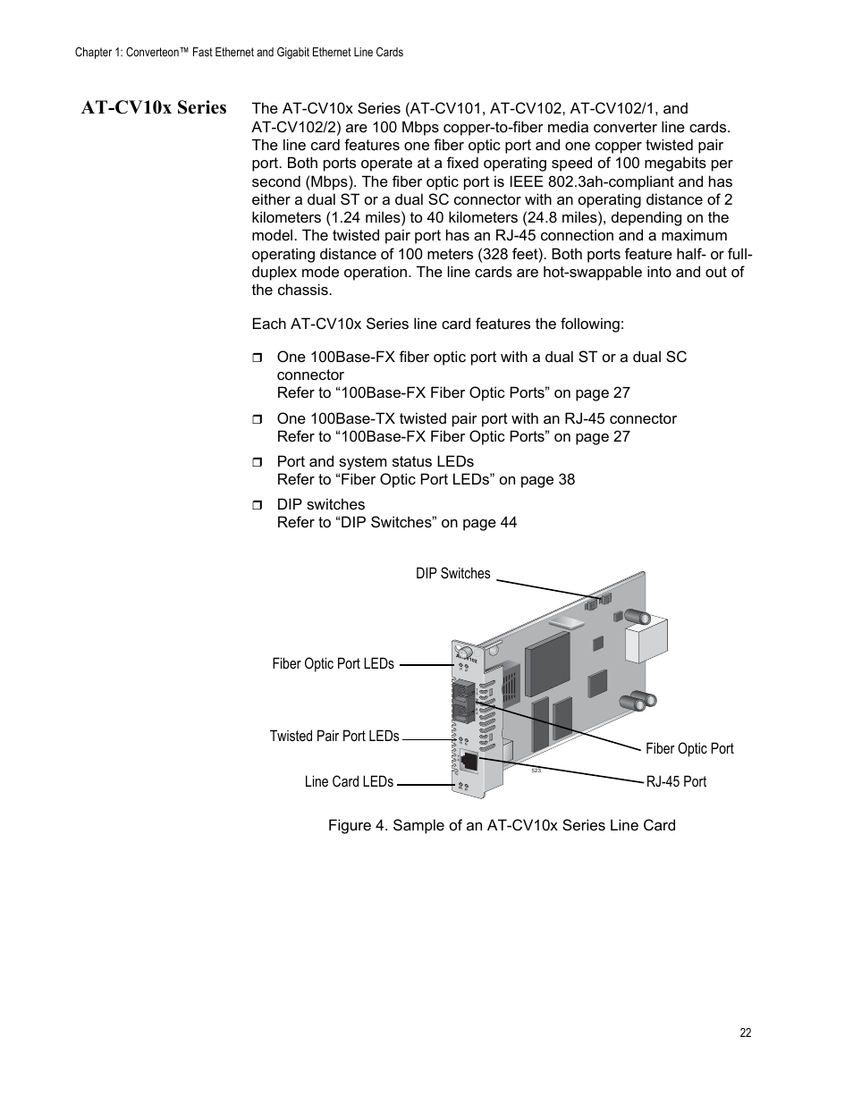 At-cv10x series, Figure 4. sample of an at-cv10x series line card | Allied Telesis AT-CM70S User Manual | Page 22 / 136
