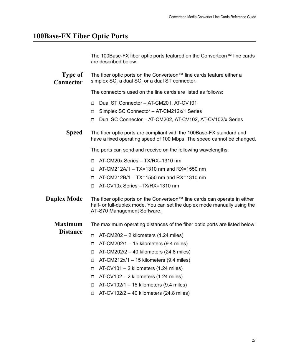 100base-fx fiber optic ports, Type of connector, Speed | Duplex mode, Maximum distance | Allied Telesis AT-CM70S User Manual | Page 27 / 136