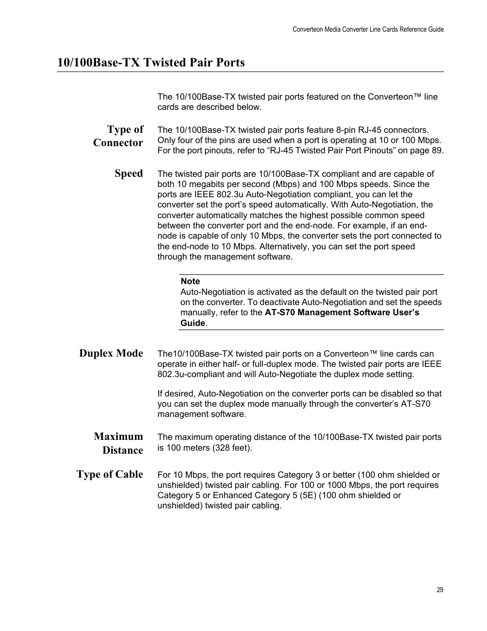 10/100base-tx twisted pair ports, Type of connector, Speed | Duplex mode, Maximum distance, Type of cable | Allied Telesis AT-CM70S User Manual | Page 29 / 136