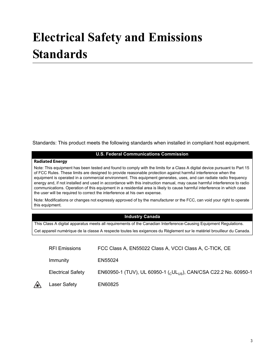 Electrical safety and emissions standards | Allied Telesis AT-CM70S User Manual | Page 3 / 136