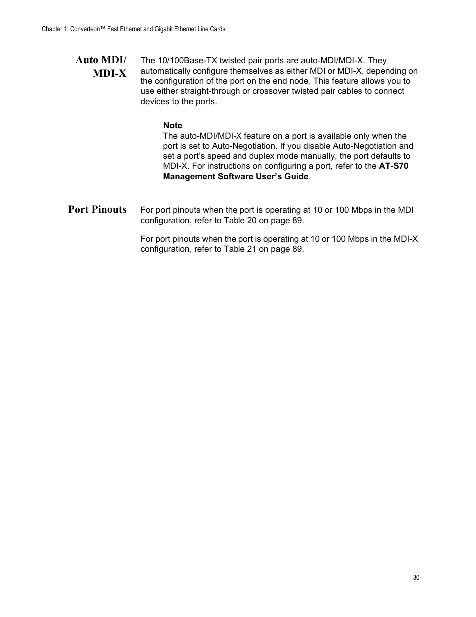 Auto mdi/ mdi-x, Port pinouts, Auto mdi/mdi-x port pinouts | Allied Telesis AT-CM70S User Manual | Page 30 / 136
