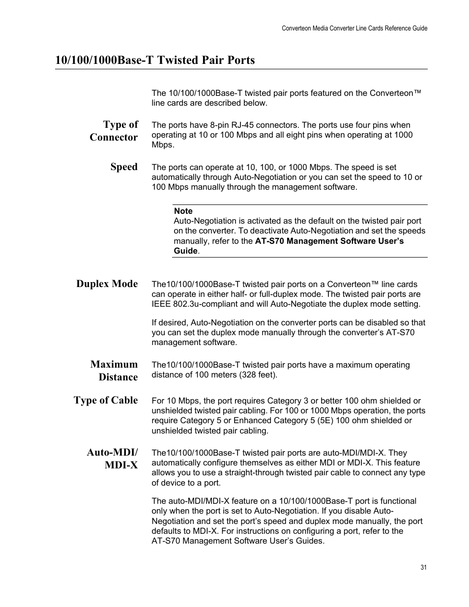 10/100/1000base-t twisted pair ports, Type of connector, Speed | Duplex mode, Maximum distance, Type of cable, Auto-mdi/ mdi-x, Mdi-x | Allied Telesis AT-CM70S User Manual | Page 31 / 136