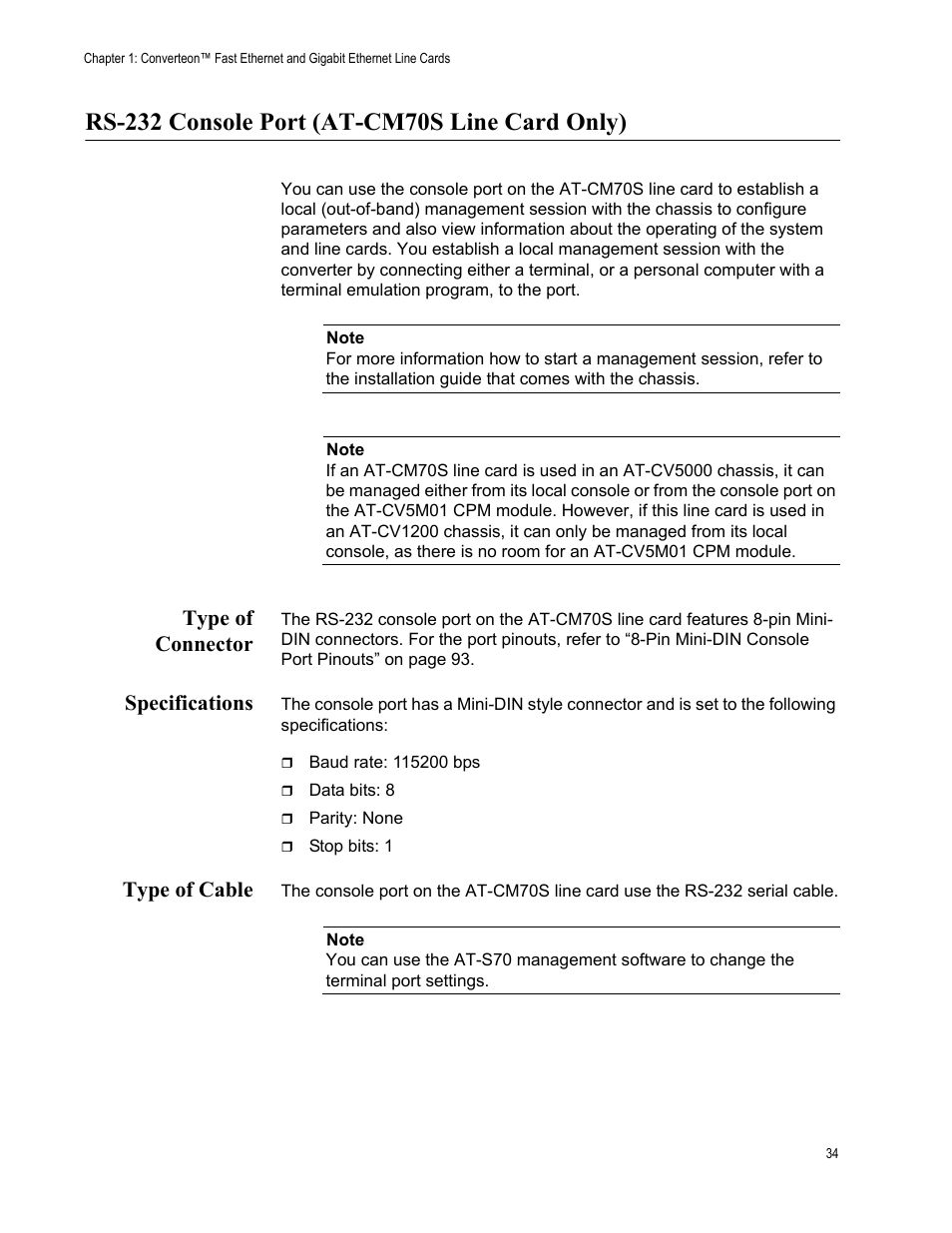 Rs-232 console port (at-cm70s line card only), Type of connector, Specifications | Type of cable, Type of connector specifications type of cable | Allied Telesis AT-CM70S User Manual | Page 34 / 136