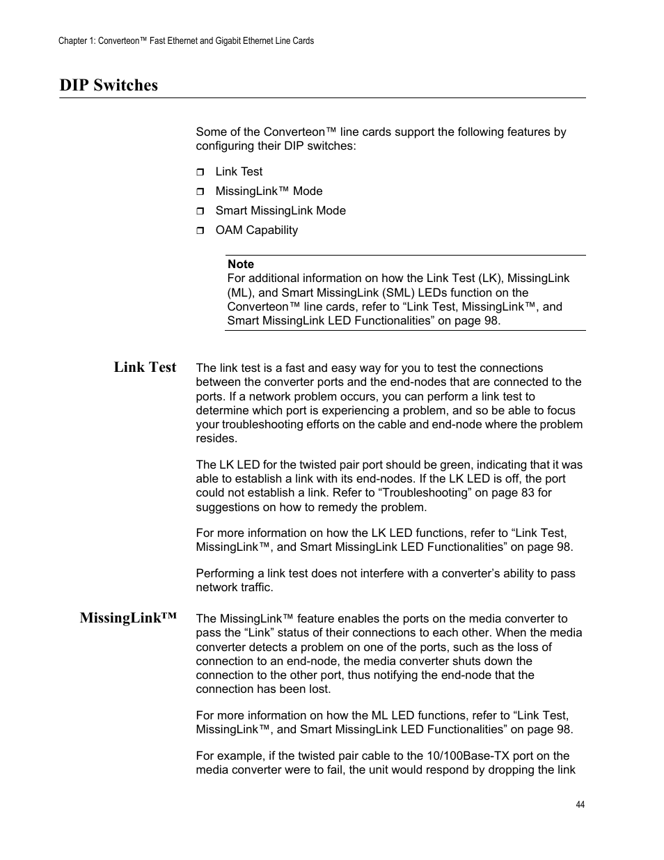 Dip switches, Link test, Missinglink | Link test missinglink | Allied Telesis AT-CM70S User Manual | Page 44 / 136