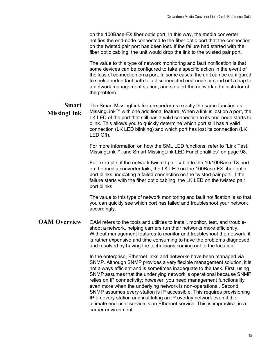 Smart missinglink, Oam overview, Smart missinglink oam overview | Allied Telesis AT-CM70S User Manual | Page 45 / 136