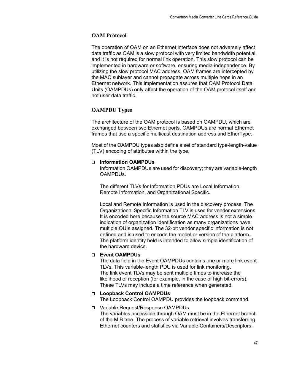 Oam protocol, Oampdu types | Allied Telesis AT-CM70S User Manual | Page 47 / 136