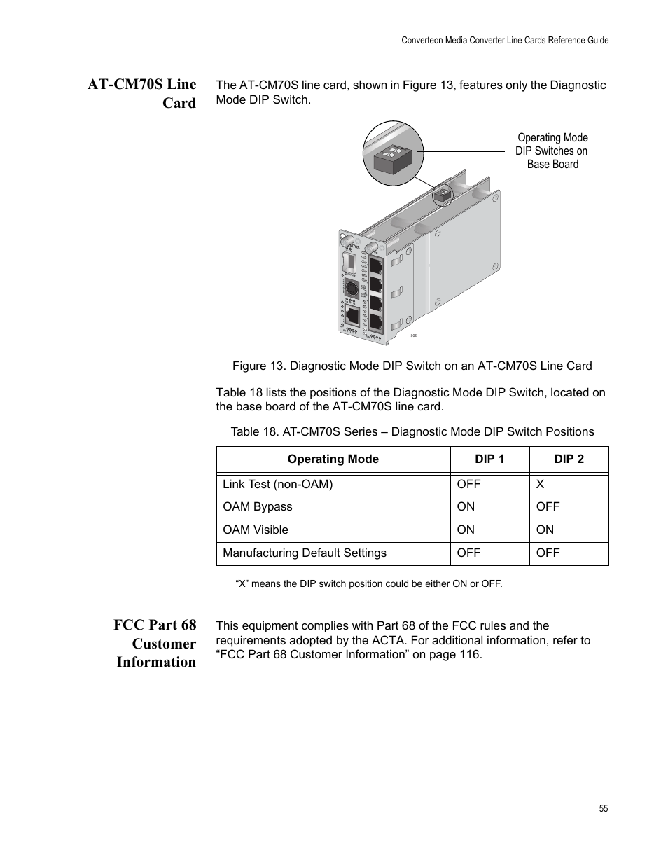 At-cm70s line card, Fcc part 68 customer information, Operating mode dip switches on base board | Allied Telesis AT-CM70S User Manual | Page 55 / 136