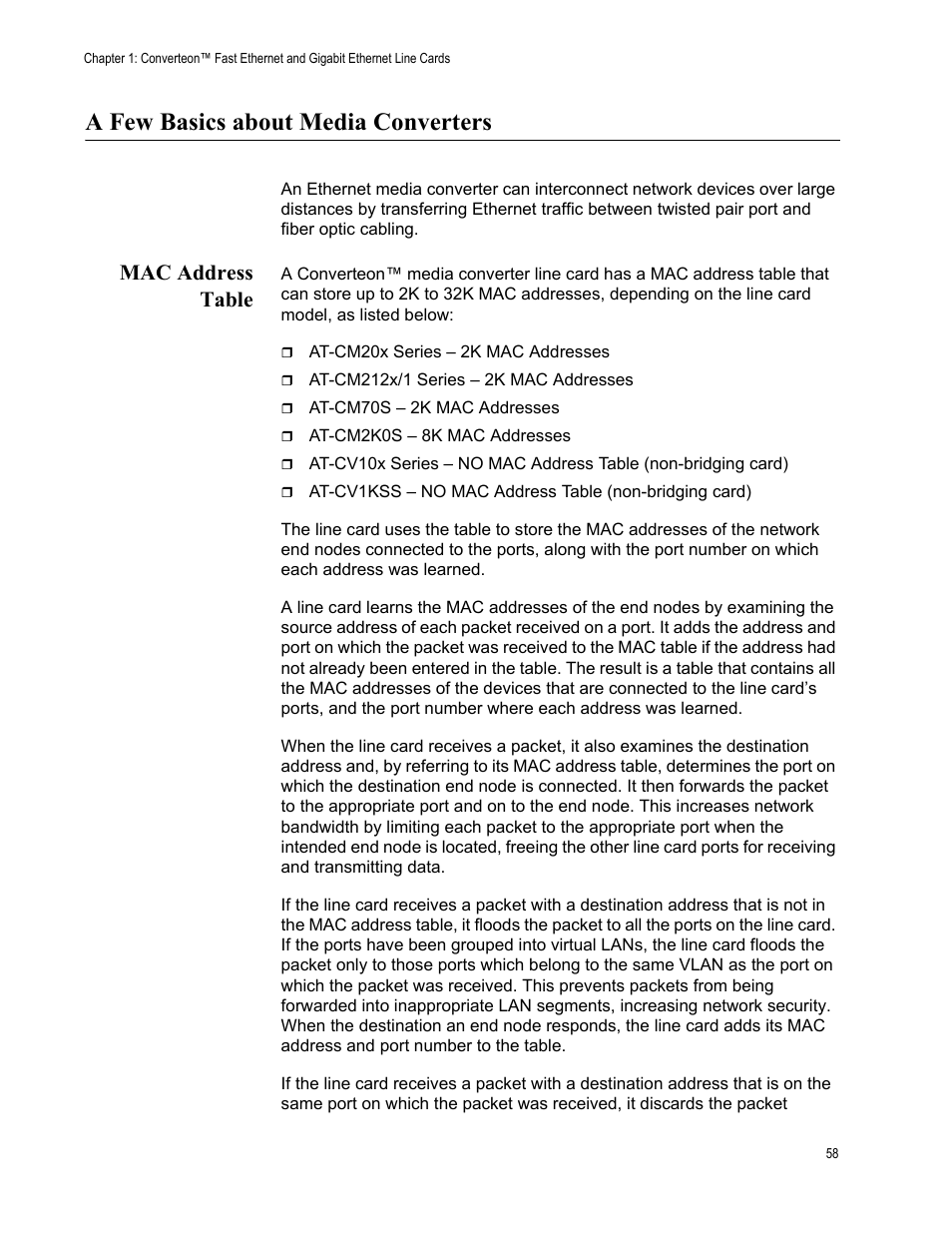 A few basics about media converters, Mac address table | Allied Telesis AT-CM70S User Manual | Page 58 / 136