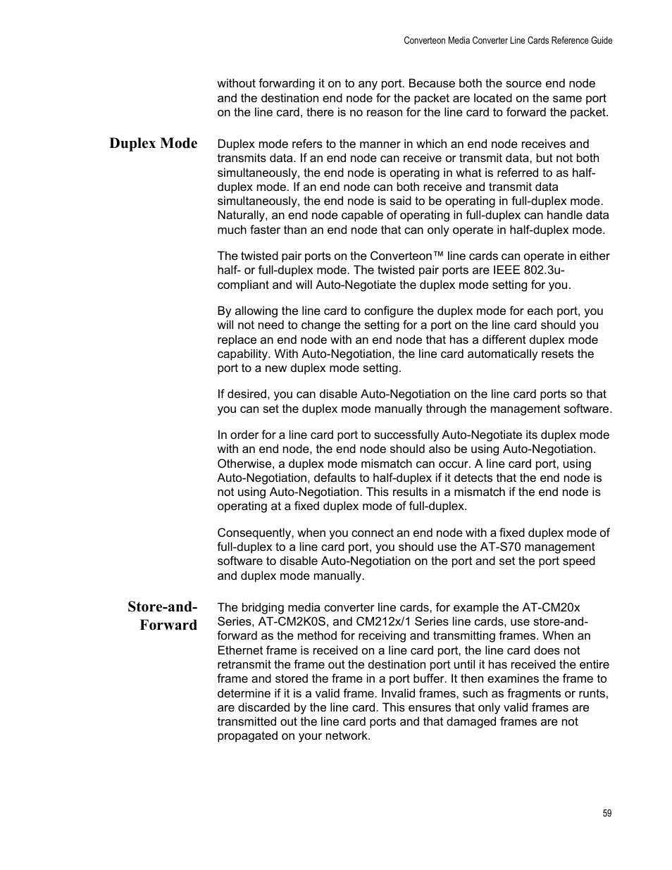 Duplex mode, Store-and- forward, Duplex mode store-and-forward | Allied Telesis AT-CM70S User Manual | Page 59 / 136