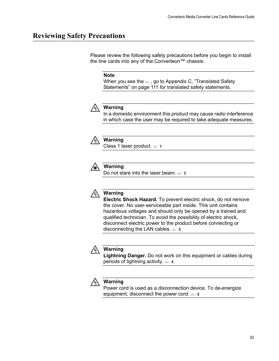 Reviewing safety precautions | Allied Telesis AT-CM70S User Manual | Page 63 / 136