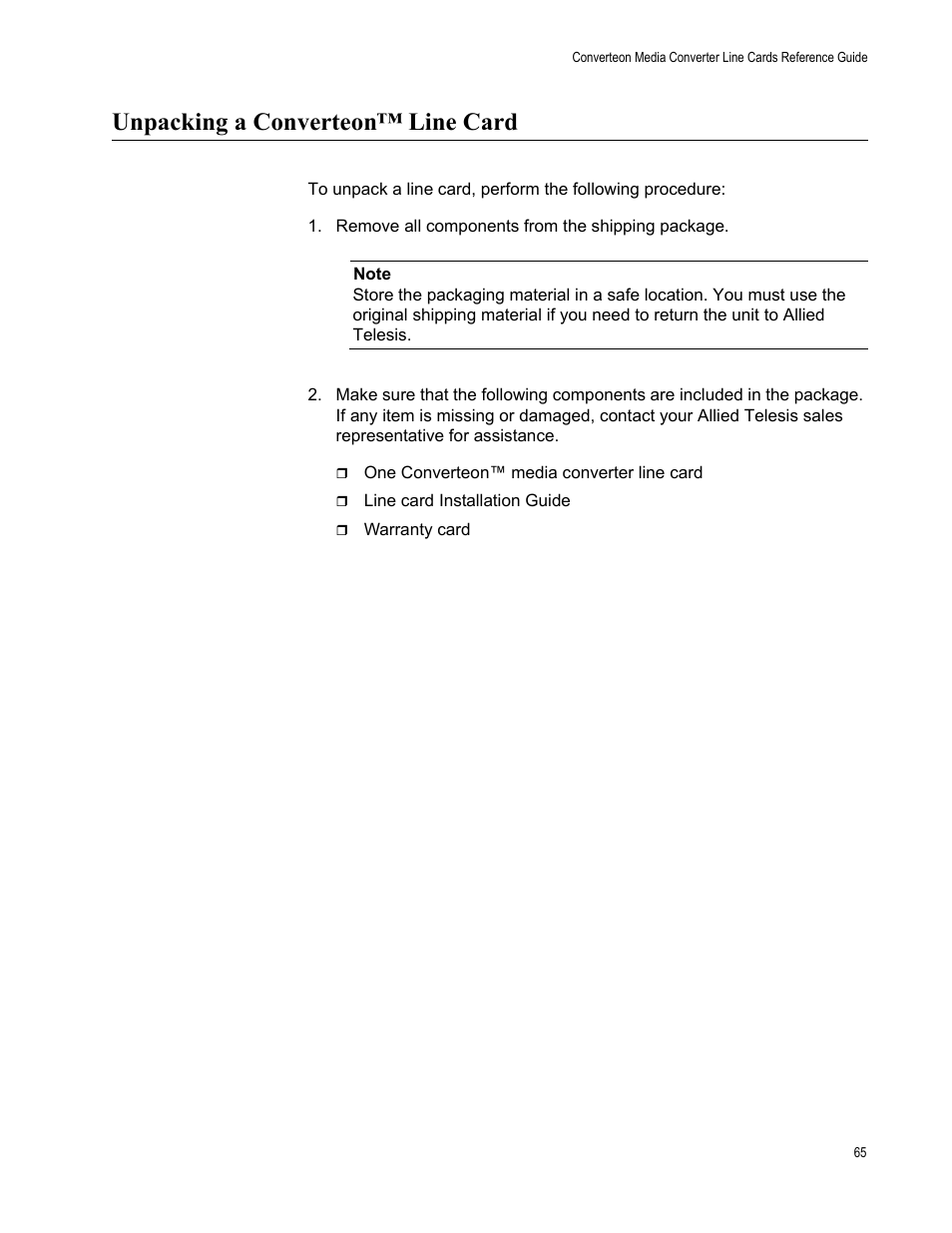Unpacking a converteon™ line card | Allied Telesis AT-CM70S User Manual | Page 65 / 136