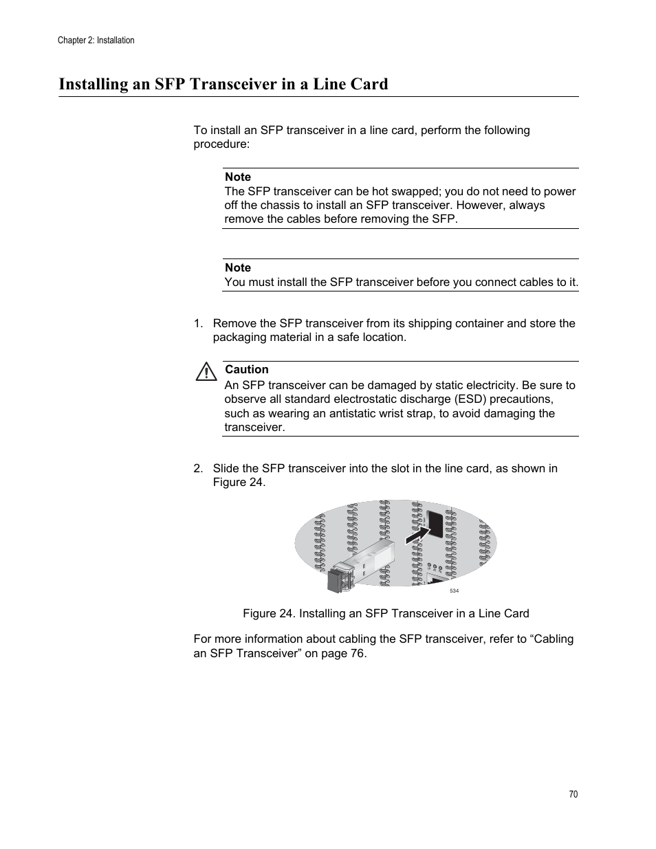 Installing an sfp transceiver in a line card | Allied Telesis AT-CM70S User Manual | Page 70 / 136