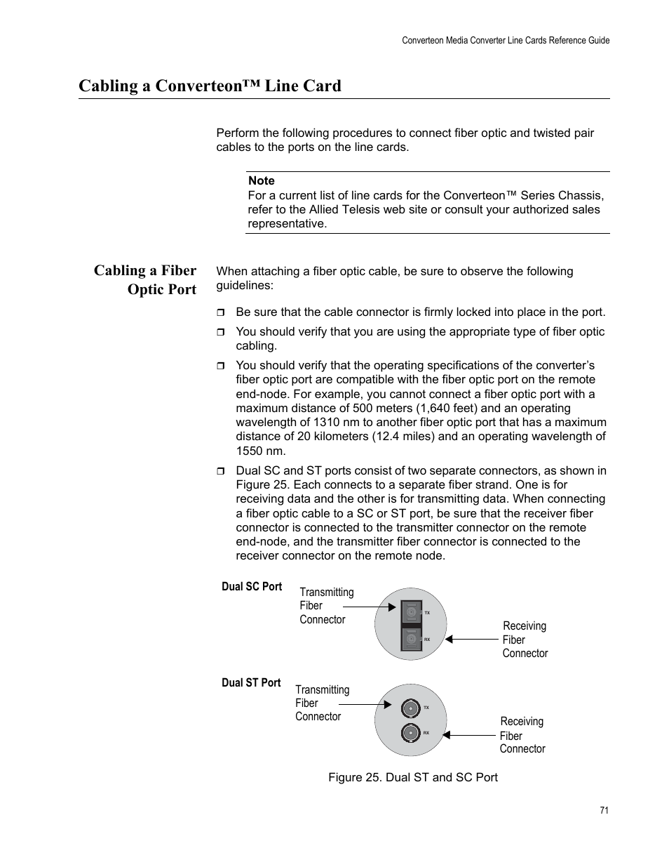 Cabling a converteon™ line card, Cabling a fiber optic port, Figure 25. dual st and sc port | Allied Telesis AT-CM70S User Manual | Page 71 / 136