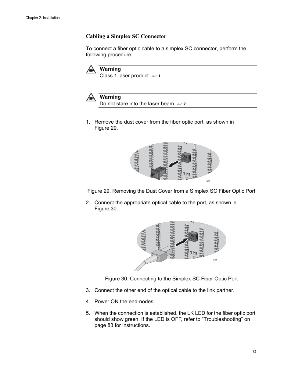 Cabling a simplex sc connector, Warning do not stare into the laser beam | Allied Telesis AT-CM70S User Manual | Page 74 / 136