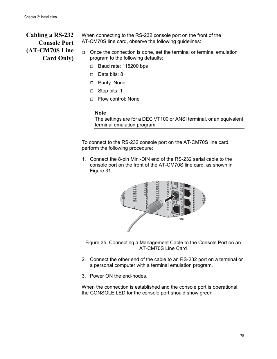 Data bits: 8, Parity: none, Stop bits: 1 | Allied Telesis AT-CM70S User Manual | Page 78 / 136